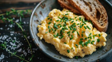 Scrambled eggs and buttered toast topped with chives served on a dark wooden table