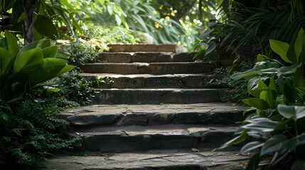 Stone steps surrounded by lush greenery