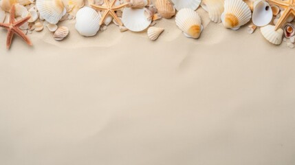 Seashell collection on a textured sand background, space for text at the top,