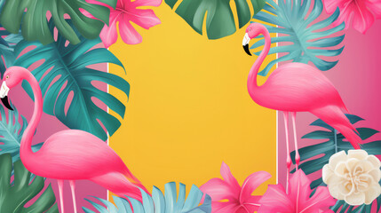 Bold and bright summer sale poster with tropical leaves and flamingo motifs on a neon background,