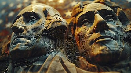 The USA flag superimposed on an artistic rendering of Mount Rushmore, linking the patriotism of the flag with the monumental heritage of the nation. - obrazy, fototapety, plakaty