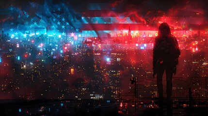 The USA flag transformed into a striking neon display, glowing against a night-time urban setting, merging traditional patriotism with modern energy.