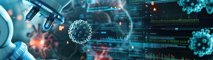 Obraz premium In-depth study of antibiotic resistance, microbiology samples and molecular data on screen, copy space