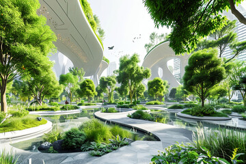 Futuristic city parks and green spaces with advanced technology.
