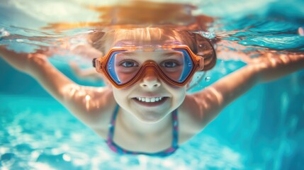 Happy child little kid swimming underwater in a pool on sunny day as recreation activity concept for summer holidays