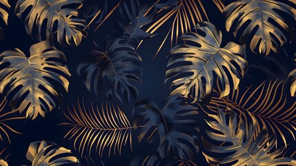 The original pattern with gold tropical leaves on night background. Vector design. Jungle print. Textiles and printing. Exotic illustrations, foliage elements isolated. nature wallpaper decorative - obrazy, fototapety, plakaty