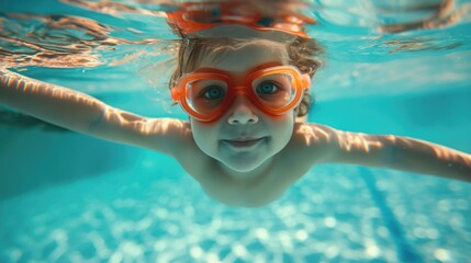 Naklejka premium Happy child little kid swimming underwater in a pool on sunny day as recreation activity concept for summer holidays