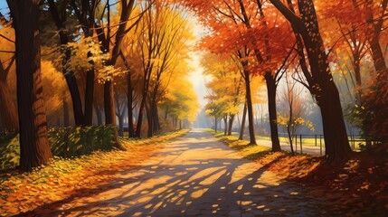 Fototapeta premium A park alley lined with tall trees, their leaves a cascade of golds and reds, with soft sunlight casting long shadows, perfect for a peaceful fall walk background