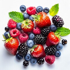 Obraz premium Berry Galore: Abundance of Ripe Summer Berries Arranged Neatly on a White Surface