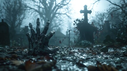 A zombie hand reaching out from the ground in a dark and foggy cemetery setting - obrazy, fototapety, plakaty