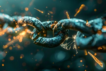 a chain link is shattering into countless pieces, with a sharp contrast of sparks and darkness surrounding it, breaking free from constraints and barriers, showcasing a strong message of release