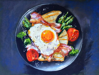 Illustration of scrambled eggs with bacon and toast.