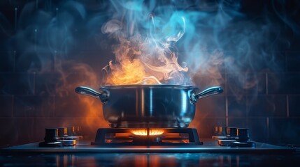 Kitchen and Cooking: A 3D vector illustration of a pot simmering on a stove