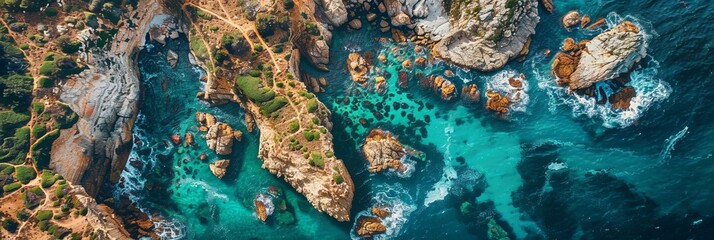 rocky coastline aerial view. shot by drone from top.