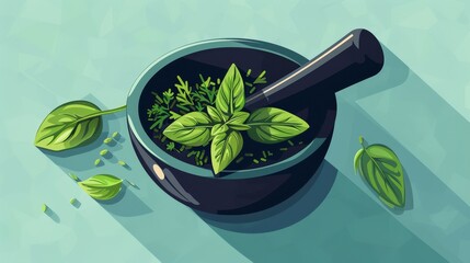 Kitchen and Cooking: A vector illustration of a mortar and pestle grinding herbs - obrazy, fototapety, plakaty
