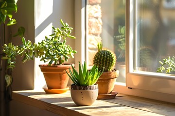 Close up of potted plants on windowsill in sunny home interior, sunlight shining through window onto cacti and succulents in pots. Ai generated