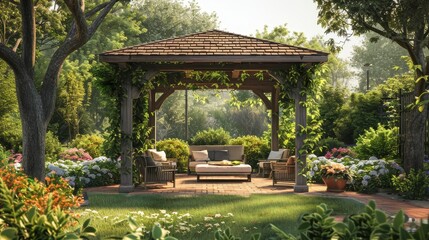 Fototapeta premium Outdoor Living: A 3D vector illustration of a backyard gazebo with a seating area