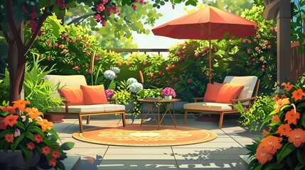 Outdoor Living: A Vector illustration depicting a cozy patio adorned with comfortable seating