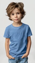 Little boy wearing blank blue t shirt mockup for print image portrait isolated