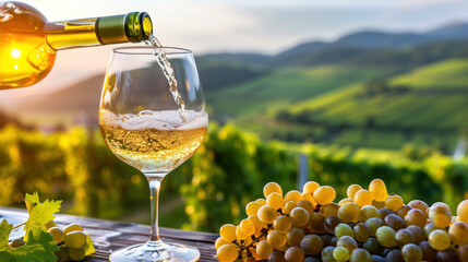 White wine pouring into glass against vineyard.