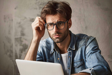 A millenial man with glasses working on a laptop with a concerned facial expression - 798724774