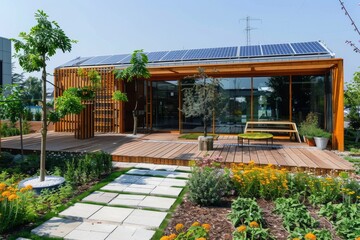 outdoor courtyard office with solar panels