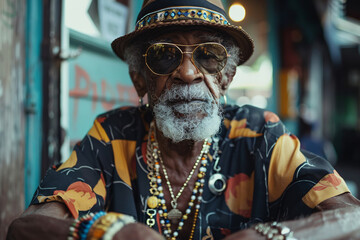 A stylish senior black man wearing golden jewelry and sunglasses - 798724918