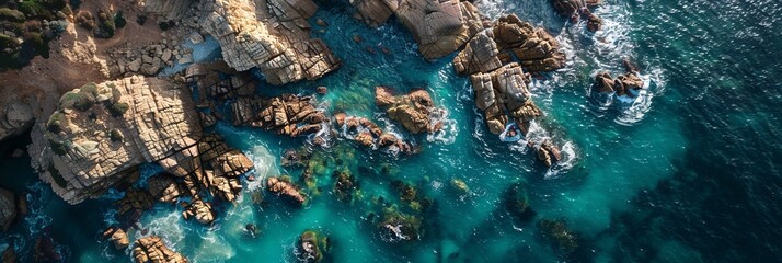 rocky coastline aerial view. shot by drone from top.