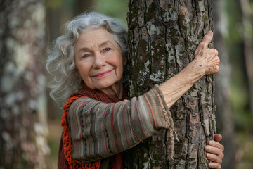 A senior woman hugging a tree, environmentalist concept