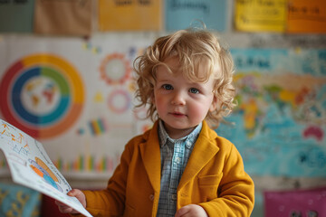 A toddler holding a presentation with graphs and charts