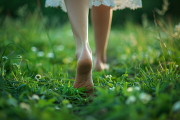 A woman wearing a summer dress walking barefoot on the grass, seen close-up  from behind