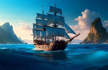 Sailing ship in the sea at sunset. 3d render illustration. Generative AI
