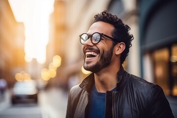Portrait of a smiling young man with eyeglasses in the city