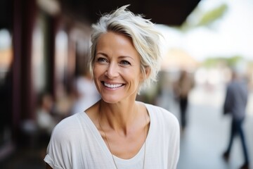 Portrait of a beautiful middle aged woman smiling at the camera outdoors