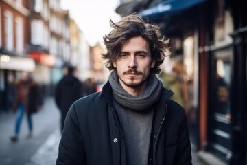 Fototapeta premium Portrait of a handsome young man with long curly hair, wearing a black coat and gray scarf, standing on a street in London.
