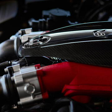 V8 engine, debuting in the Maserati Levante Trofeo. V8, 3.9l, 590HP and 730 nm. Accelerates from 0 to 100km-h in 3.9 seconds. Shallow depth of field. Katowice, Poland - 06.08.2019