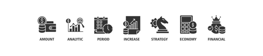 Sales growth banner web icon set vector illustration concept with icon of amount, analytic, period, increase, strategy, economy and financial