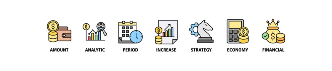 Sales growth banner web icon set vector illustration concept with icon of amount, analytic, period, increase, strategy, economy and financial