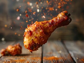 Crispy Fried Chicken Drumstick with Aromatic Spices on Rustic Wooden Surface