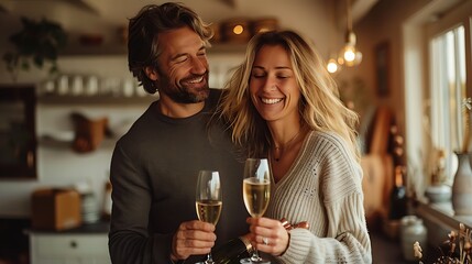 A joyful couple toasting with champagne glasses in a cozy home setting.  - Powered by Adobe