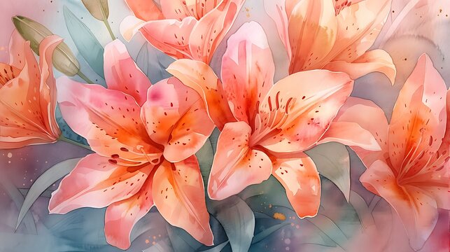 Vibrant watercolor painting of blooming orange lilies with a soft pastel background ideal for spring-themed designs and decorations.