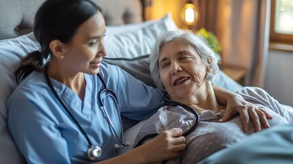 A compassionate nurse comforts an elderly woman in a bed, portraying a moment of care and gentle support in a healthcare setting.