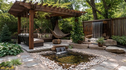 Obraz premium Sustainable Living Serenity: A serene outdoor living space with a calming water feature