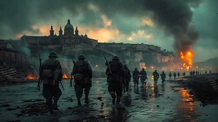 A dramatic wartime scene depicting soldiers marching toward a burning city under a stormy sky. 