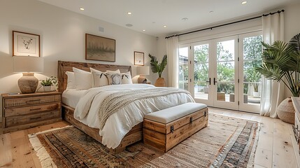 Elegant and cozy bedroom interior with natural light and rustic style furniture and decor. 