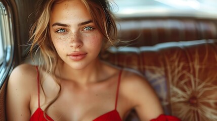 A young woman with freckles poses in a red dress inside a vintage car, exuding a retro aesthetic charm. 