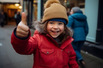 Adorable little girl in red jacket and hat showing thumbs up on the street