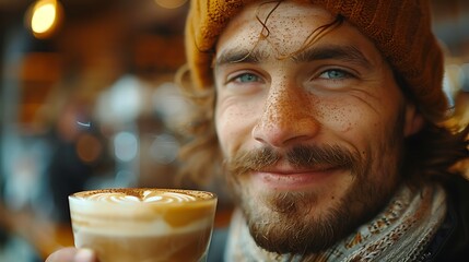 A joyful young man with a beanie and freckles smiling while holding a latte with artful foam in a cozy cafe setting.  - obrazy, fototapety, plakaty