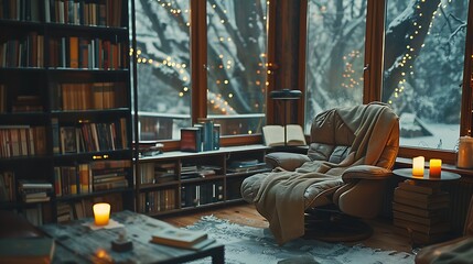 Cozy winter reading nook with a comfortable armchair and glowing candles beside a window as snow falls outside.