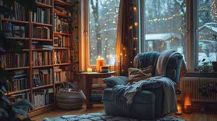 A cozy reading nook with a comfortable armchair, surrounded by bookshelves and warm glowing lights on a winter evening, evoking a sense of comfort and tranquility. 